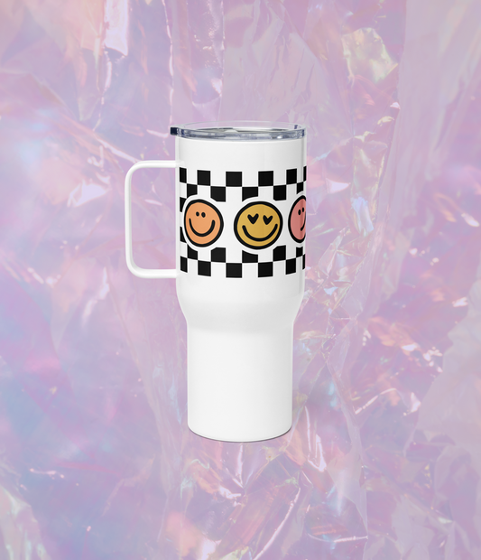 checkered smiley travel mug