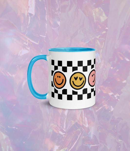 checkered smiley mug with color inside